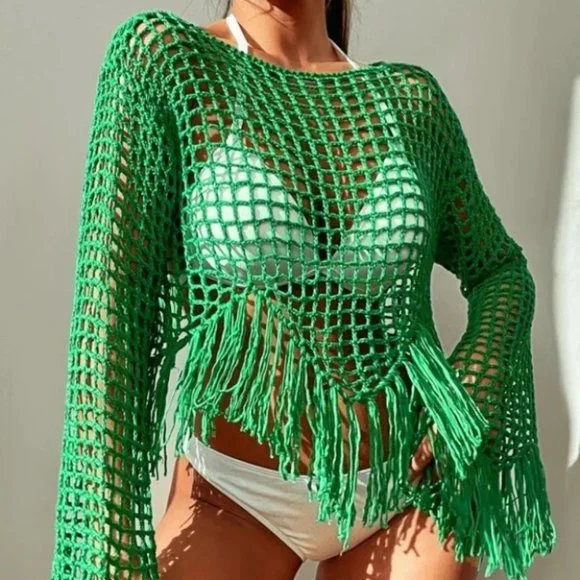 Crochet knit fringe trimmed top Swim coverupGreen - Picture 7 of 9